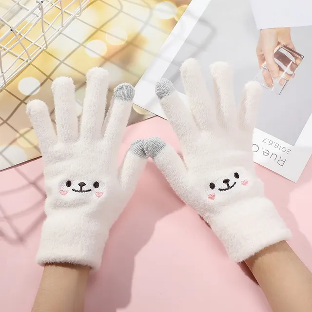 Warm And Cute Female Fleece lined Thickened Cycling Five Finger Touch Screen Smiley Face White - Shop at LoveMi