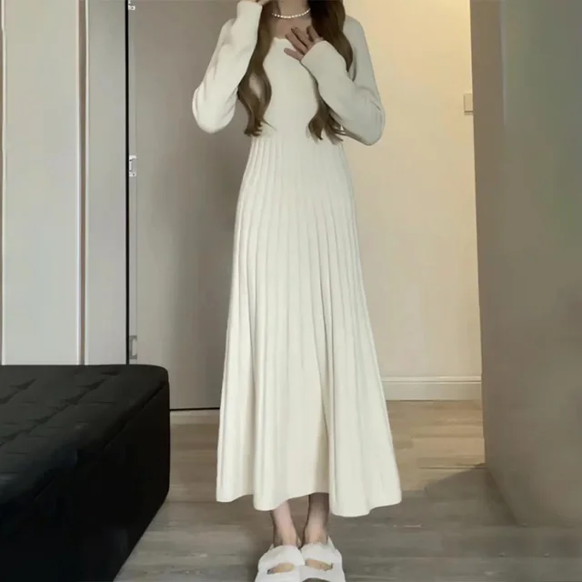 White Gentle French Knitted Sweater Base Dress Apricot - Shop at LoveMi