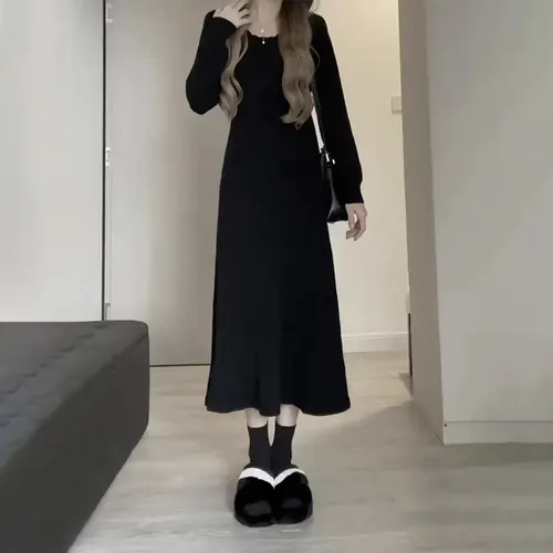 White Gentle French Knitted Sweater Base Dress Black - Shop at LoveMi