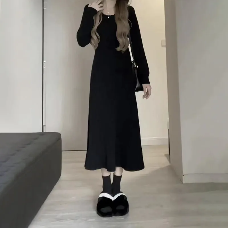 White Gentle French Knitted Sweater Base Dress - Black - View 1