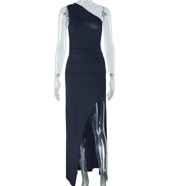 Fashion Solid Color Diagonal Collar Exposed Shoulder Sleeveless Split Dress Black - Shop at LoveMi