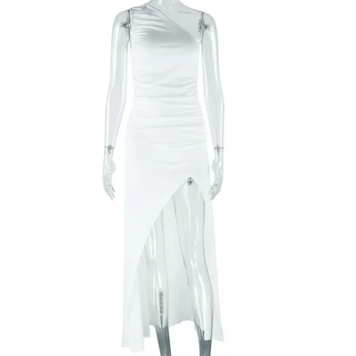 Fashion Solid Color Diagonal Collar Exposed Shoulder Sleeveless Split Dress White - Shop at LoveMi