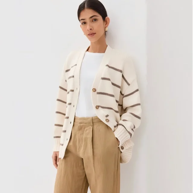 Women's Striped Knitted V neck Cotton Striped Sweater Khaki - Shop at LoveMi