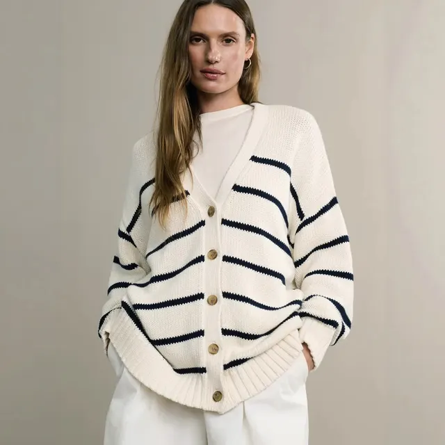Women's Striped Knitted V neck Cotton Striped Sweater White - Shop at LoveMi