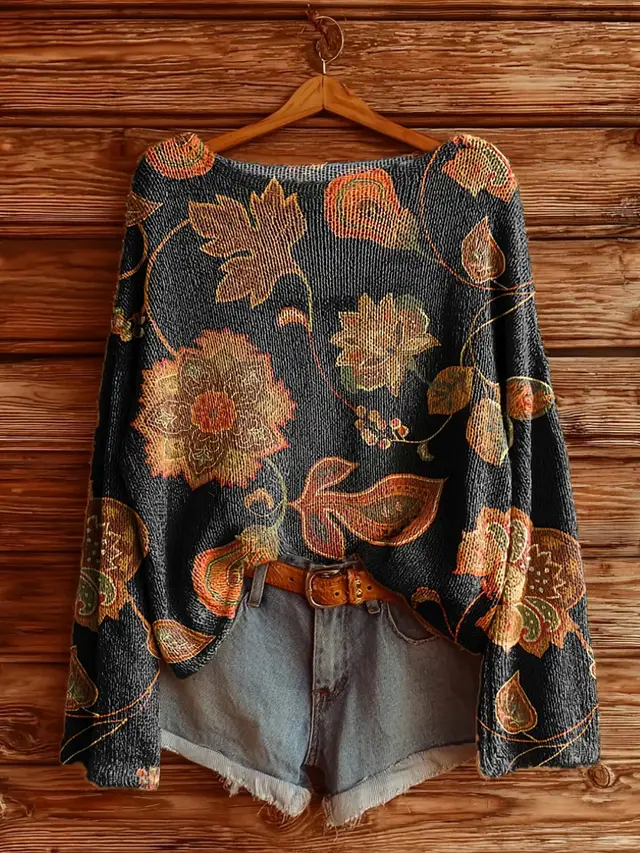Women's Printed Loose Retro Long sleeved Brushed Top Black - Shop at LoveMi