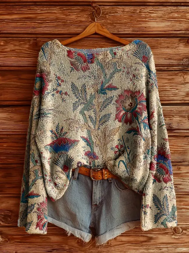 Women's Printed Loose Retro Long sleeved Brushed Top Khaki - Shop at LoveMi