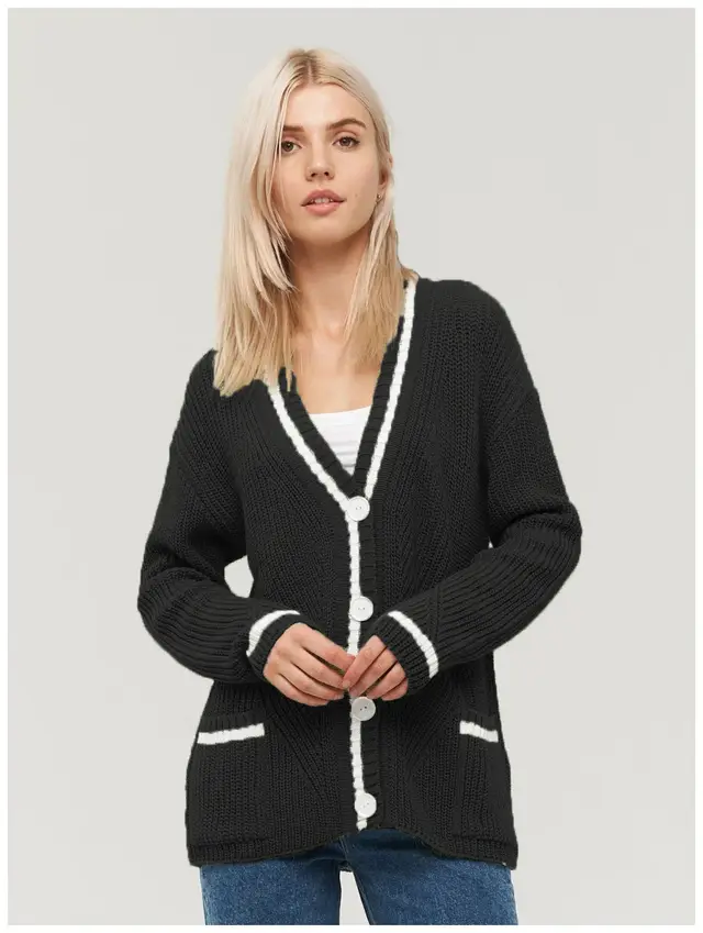 Women's All match V neck Pocket Color Matching Knitted Long Sleeve Sweater Coat Black - Shop at LoveMi