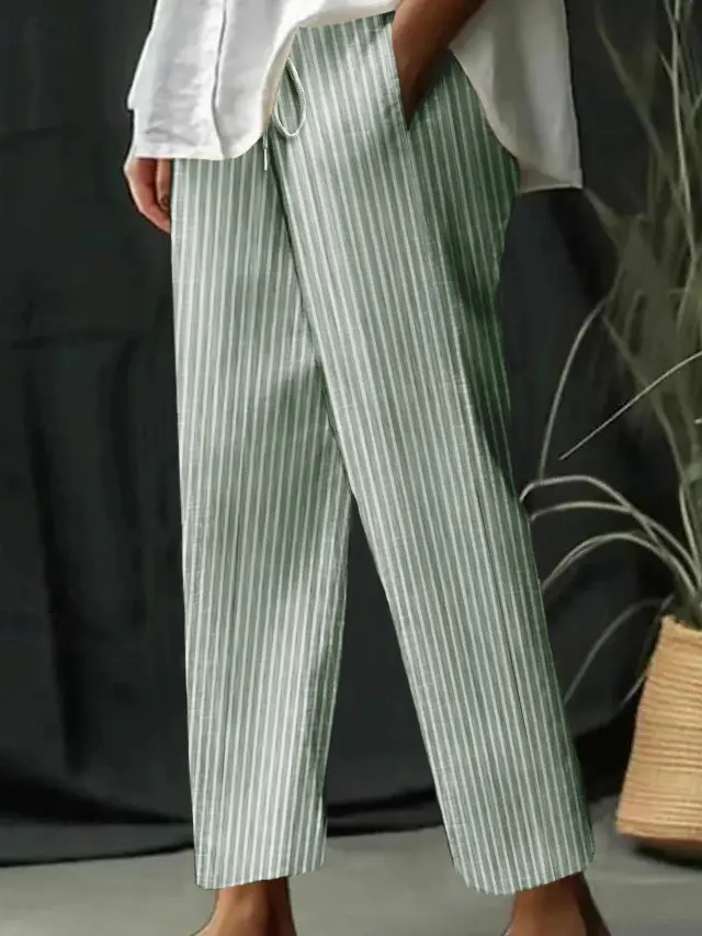Casual Homewear Pants New Striped Solid Color Cotton And Linen Loose Trousers Green - Shop at LoveMi