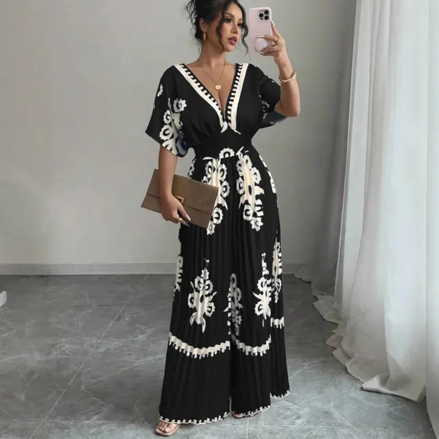 Casual Printed Loose Short sleeved Jumpsuit Black - Shop at LoveMi