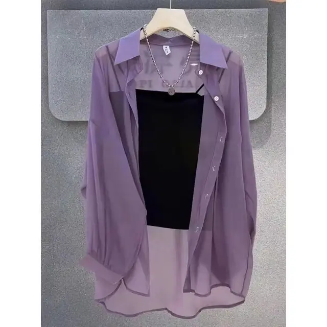 Loose All match Fashionable Mid length Shirt Thin Sun Protection Clothing For Women Purple - Shop at LoveMi