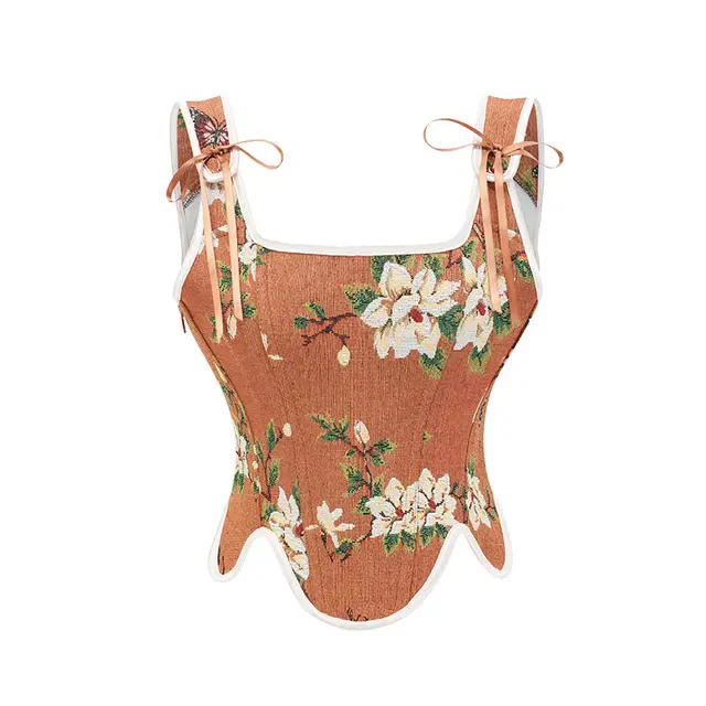 French Style Women's Jacquard Lace up Plastic Bones Corset Brown - Shop at LoveMi