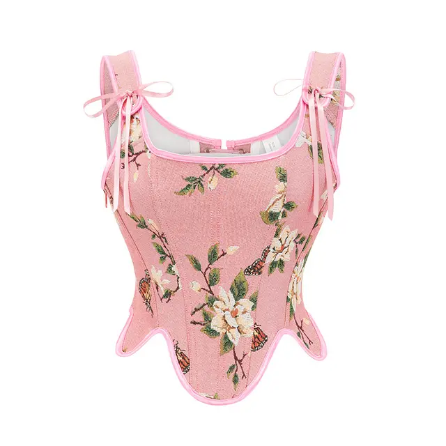 French Style Women's Jacquard Lace up Plastic Bones Corset Pink - Shop at LoveMi