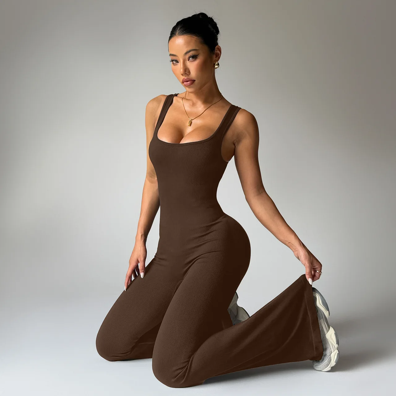 Hip Lifting Flared Feet Tight Yoga Jumpsuit - Coffee