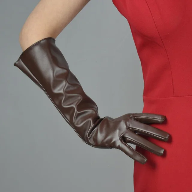 Women's Fashion PU Matte Long Leather Gloves Brown 40Cm - Shop at LoveMi
