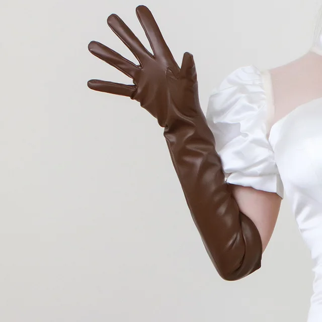 Women's Fashion PU Matte Long Leather Gloves Coffee Color 50Cm - Shop at LoveMi