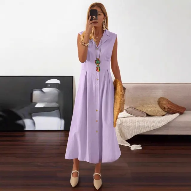 Women's Plus Size Sleeveless Lapel Button Cotton And Linen Dress Light Purple - Shop at LoveMi