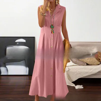 Women's Plus Size Sleeveless Lapel Button Cotton And Linen Dress Pink - Shop at LoveMi