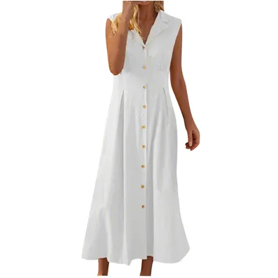 Women's Plus Size Sleeveless Lapel Button Cotton And Linen Dress White - Shop at LoveMi