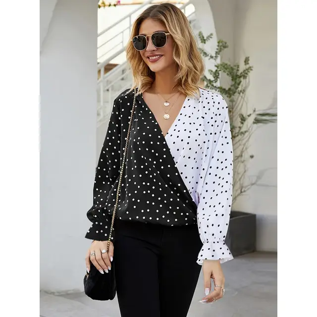 Women's Shirt Autumn Polka Dot Color Matching Printed Long Sleeve Shirt Black - Shop at LoveMi