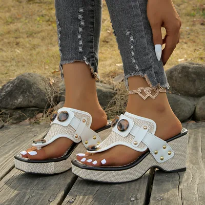 Plus Size Flip toe Wedge Sandals White - Shop at LoveMi