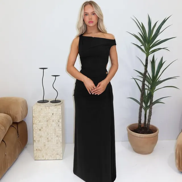 Women's Slant Shoulder Side Slit Dress Black - Shop at LoveMi
