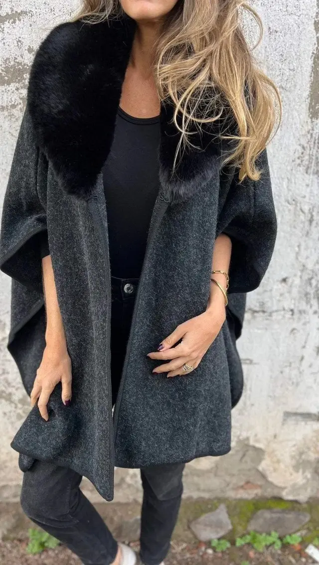 Women's Loose Long Sleeve Large Lapel Fur Collar Cape Coat Black - Shop at LoveMi