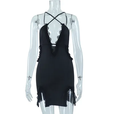 Hollow out Camisole Lace Patchwork Slit Sheath Dress Black - Shop at LoveMi