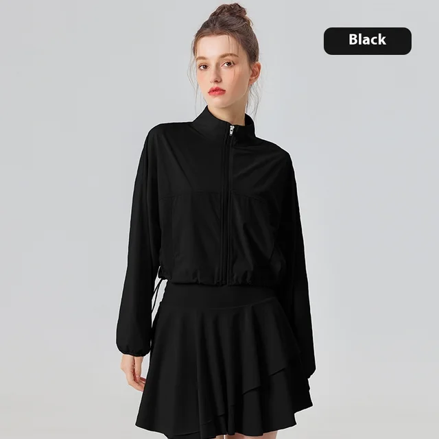 Stand Collar Pocket Cool UV proof Women's Outdoor Sports Fitness Jacket Loose Breathable Casual Top Black - Shop at LoveMi