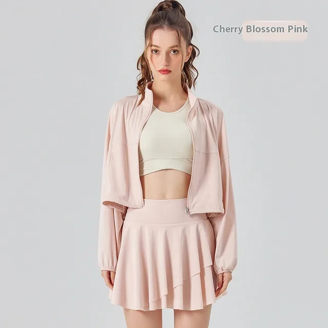 Stand Collar Pocket Cool UV proof Women's Outdoor Sports Fitness Jacket Loose Breathable Casual Top Cherry Blossom Powder - Shop at LoveMi