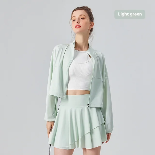 Stand Collar Pocket Cool UV proof Women's Outdoor Sports Fitness Jacket Loose Breathable Casual Top Tender Green - Shop at LoveMi