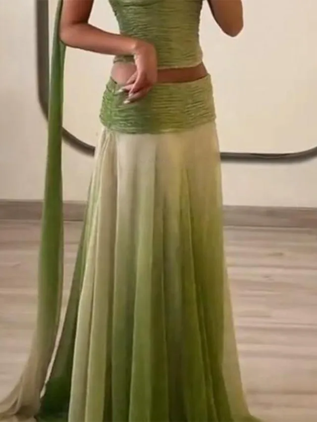 Gradient Printing Pleated Halter Lace up Waist tight Short Top Skirt Green Skirt - Shop at LoveMi