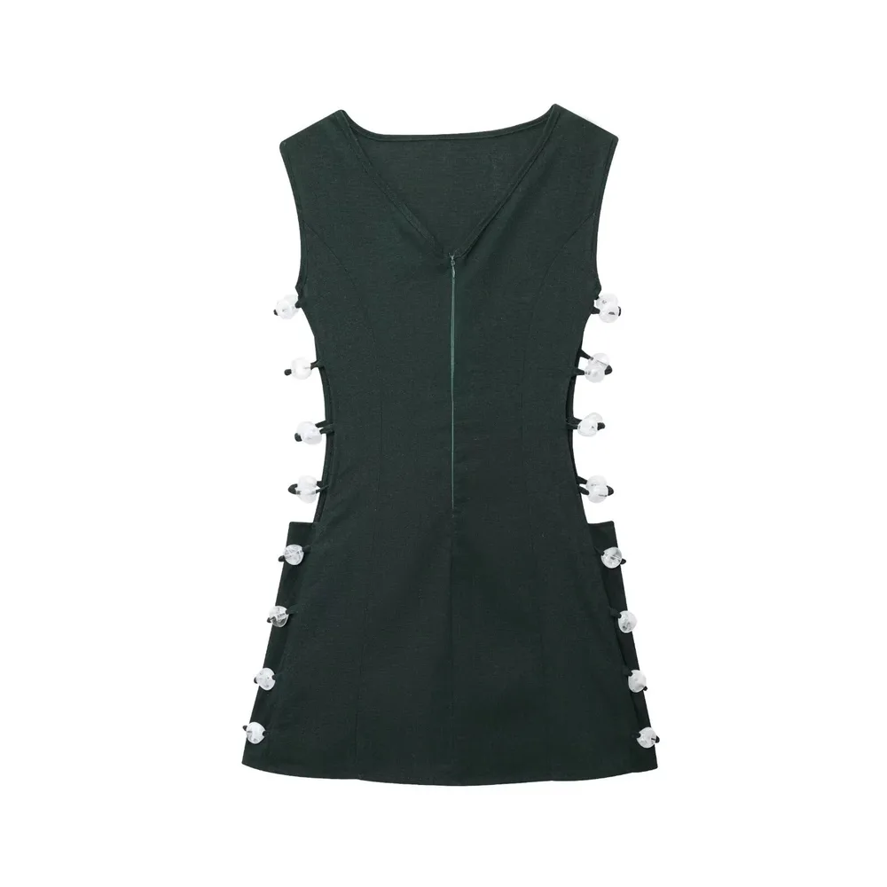 Women's Beaded Decoration Sleeveless V-neck Dress - Black