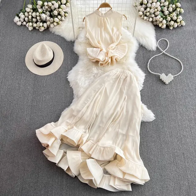 Stand Collar Ruffled Sleeveless Top High Waist Fishtail Skirt Suit Apricot - Shop at LoveMi