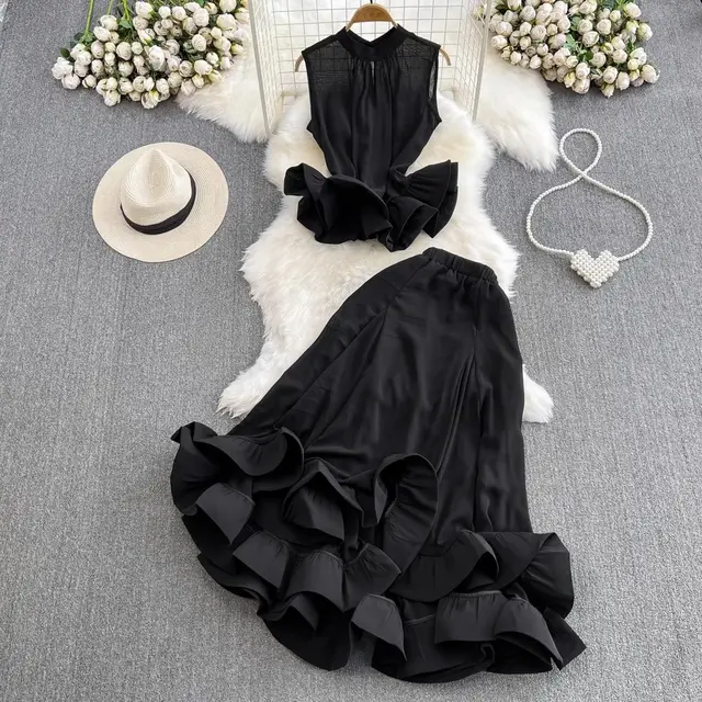 Stand Collar Ruffled Sleeveless Top High Waist Fishtail Skirt Suit Black - Shop at LoveMi