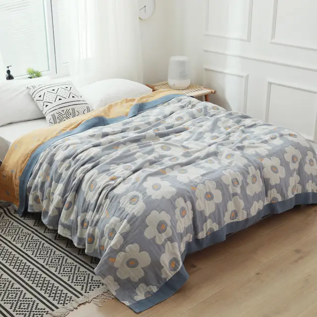 Pure Cotton Gauze Five layer Soft Single Double Thin Towel Blanket Light Blue Sunflower - Shop at LoveMi
