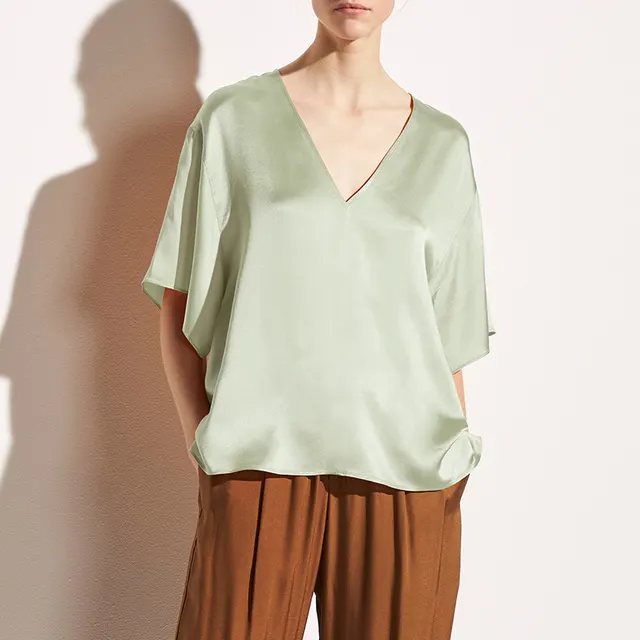 Satin Batwing Sleeve Ice Silk V neck Loose Luxury Top Green - Shop at LoveMi