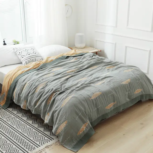 Pure Cotton Single Double Summer Quilt Thin Towel Blanket Leaf Fish Green - Shop at LoveMi