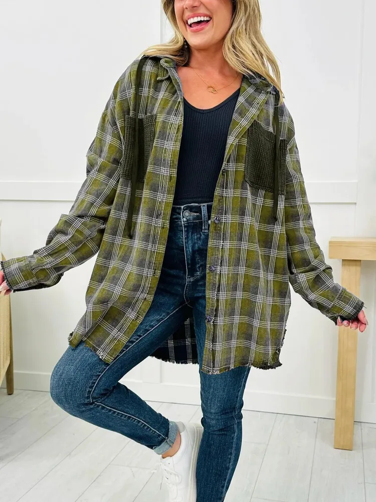 Casual Fashion Waffle Stitching Plaid Hooded Shirt - Green