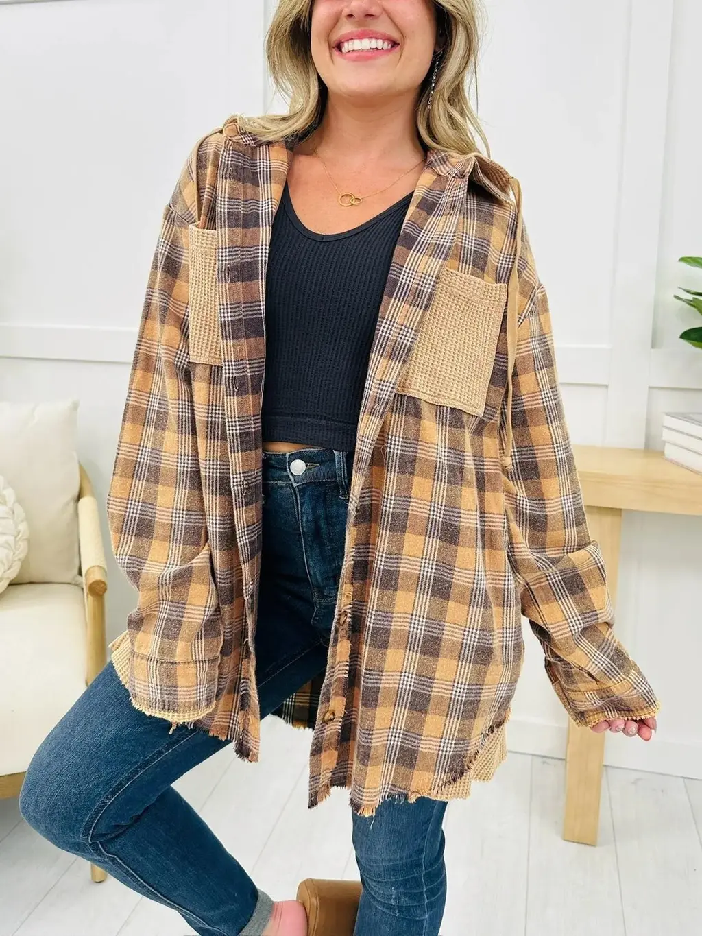 Casual Fashion Waffle Stitching Plaid Hooded Shirt - Orange - View 1