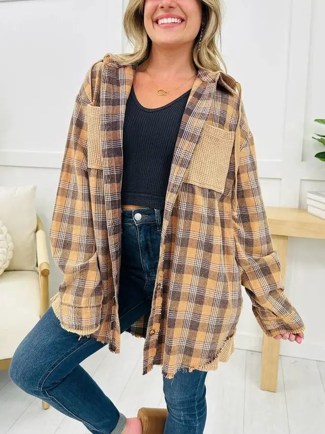 Casual Fashion Waffle Stitching Plaid Hooded Shirt Orange - Shop at LoveMi