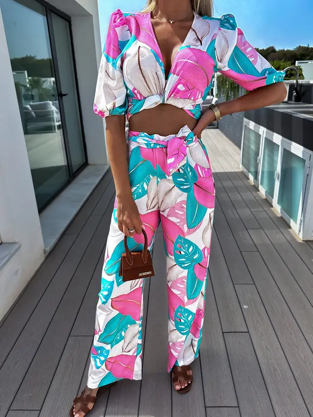 Short Sleeve Top Straight leg Pants Suit Printed Two piece Suit Sky Blue - Shop at LoveMi