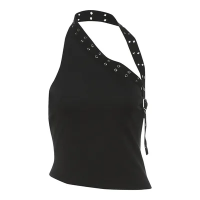 Unique One shoulder Midriff baring Top Rivet Tassel Shorts Black Top - Shop at LoveMi