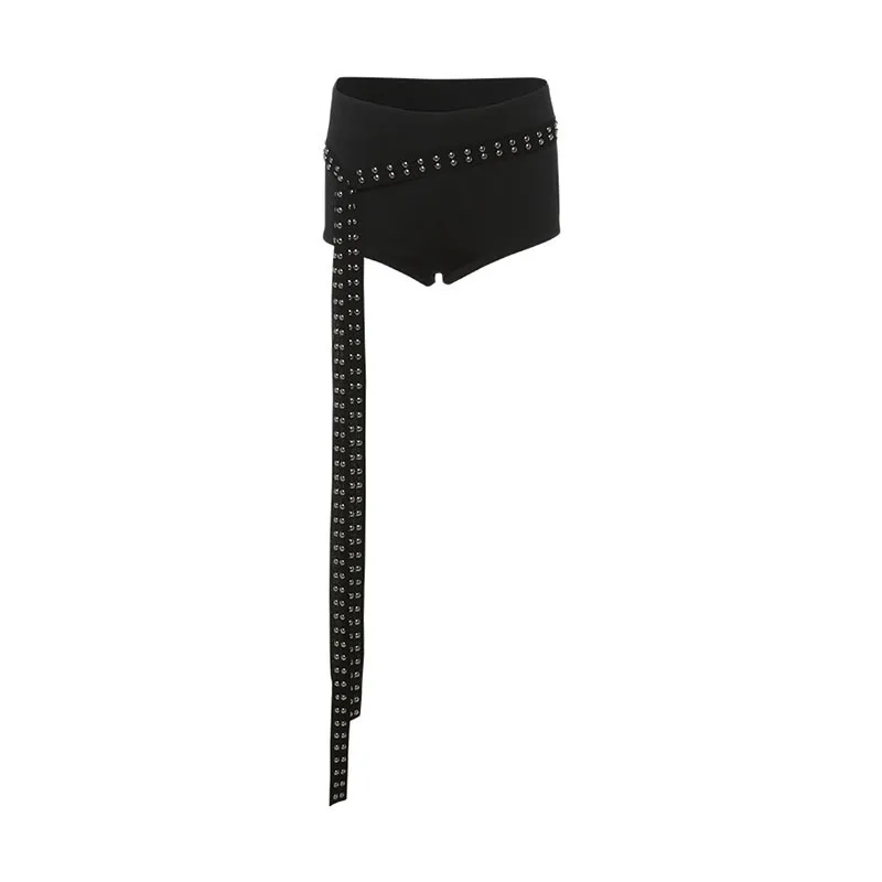 Unique One shoulder Midriff baring Top Rivet Tassel Shorts Shorts - Shop at LoveMi