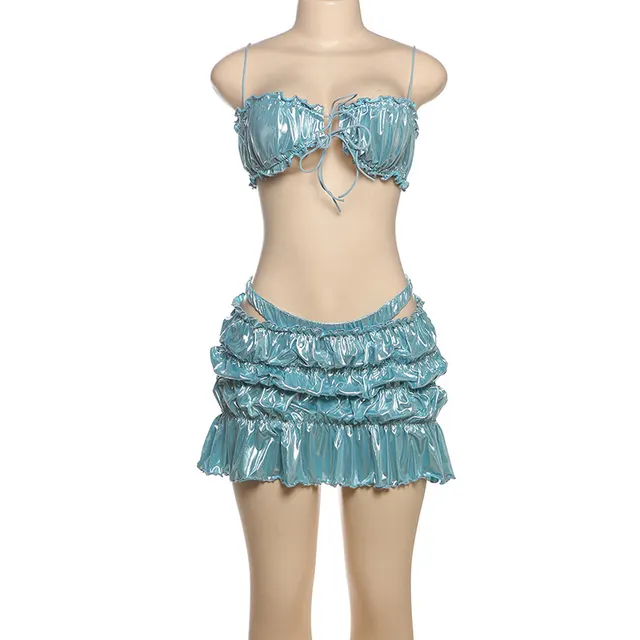 Pleated Glossy Hip Skirt Three piece Set Blue - Shop at LoveMi