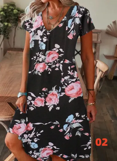 Printed Floral Pattern Round Neck Short Sleeve Dress 02 Style - Shop at LoveMi