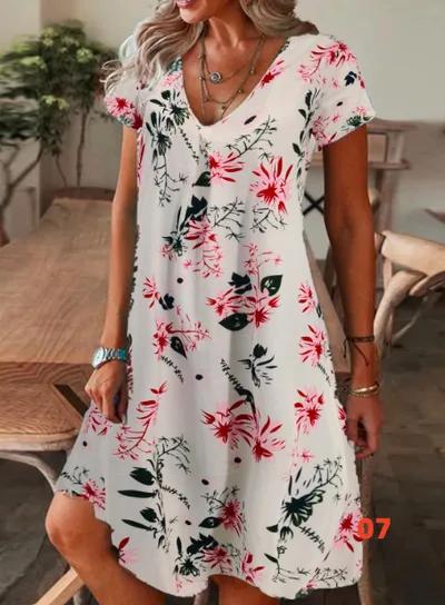 Printed Floral Pattern Round Neck Short Sleeve Dress 07 Style - Shop at LoveMi