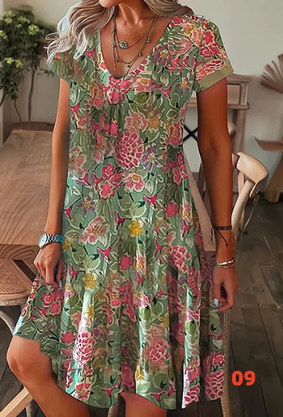 Printed Floral Pattern Round Neck Short Sleeve Dress 09 Style - Shop at LoveMi