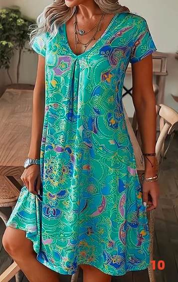 Printed Floral Pattern Round Neck Short Sleeve Dress 10 Style - Shop at LoveMi