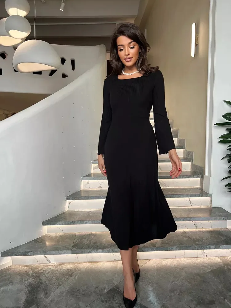 Fashionable Elegant Slim Fit Square Collar Long Sleeve A- Line Dress Women - Black