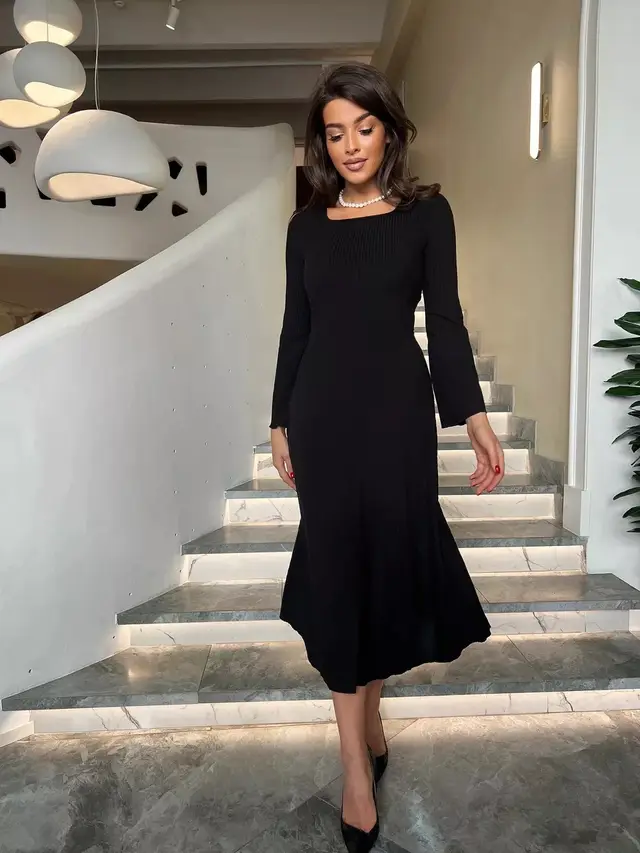 Fashionable Elegant Slim Fit Square Collar Long Sleeve A Line Dress Women Black - Shop at LoveMi